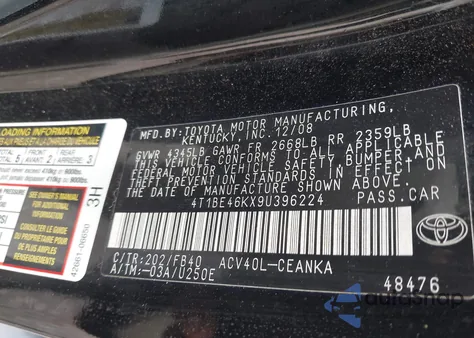 2009 Toyota Camry Le z USA, uszkodzony, nr VIN 4T1BE46KX9U396224